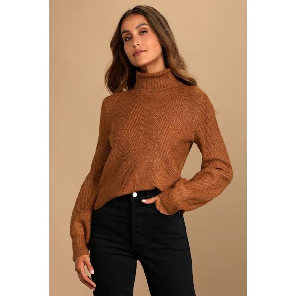 Lulus Meet Cozy Rust Orange Knit Long Sleeve Turtleneck Sweater - Size S